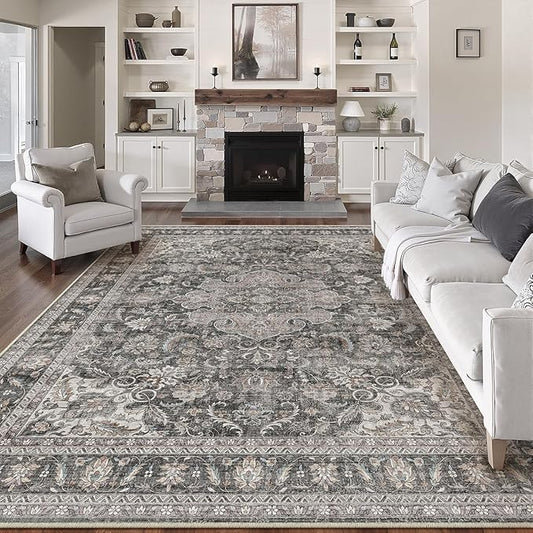 9x12 Vintage Area Rug Black Grey Living Room Bedroom Washable Carpet Non-Slip Soft Low Pile Distressed Indoor Large Throw Rug for Dining Room Office