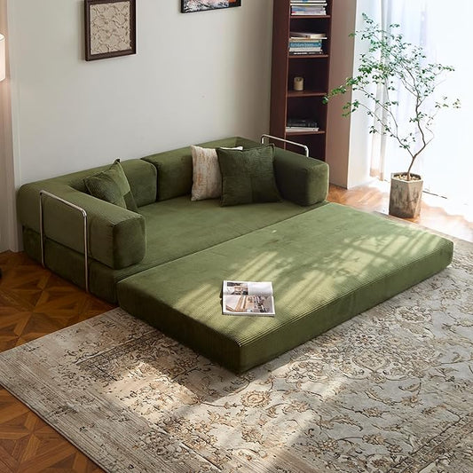 78.8" Convertible Sofa Bed - Compression Sofa with Corduroy Fabric - with Armrests and Backrest - Modular Sectional for Living Room, Bedroom, Studio - Compression Sofa in Box (Green)