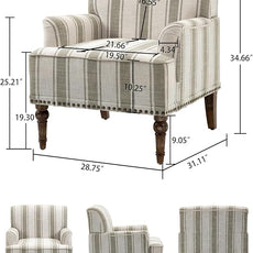 Accent Chair, Mid Century Modern Comfy Armchair for Living Room, Linen Fabric Single Sofa Lounge for Reading Bedroom Apartment Waiting Room with Wood Legs (Brown Stripe, Set of 2)