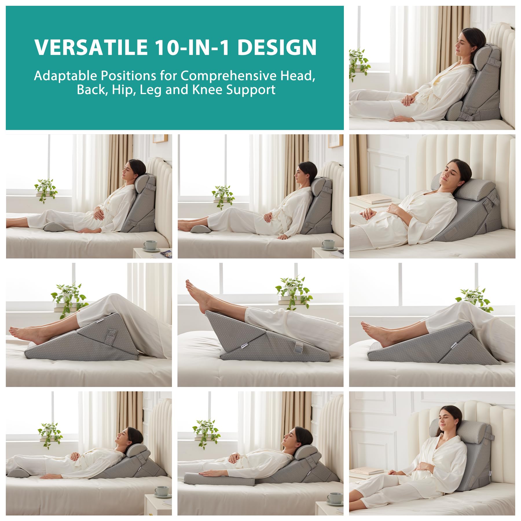 Bedluxe Wedge Pillow Headboard, 3PCS Orthopedic Bed Wedge Pillows Set for After Surgery, Adjustable Pillow Wedge for Acid Reflux&Back Pain Relief, Sleeping, Back Pillow for Bed Sitting Up, White/Grey Dormly