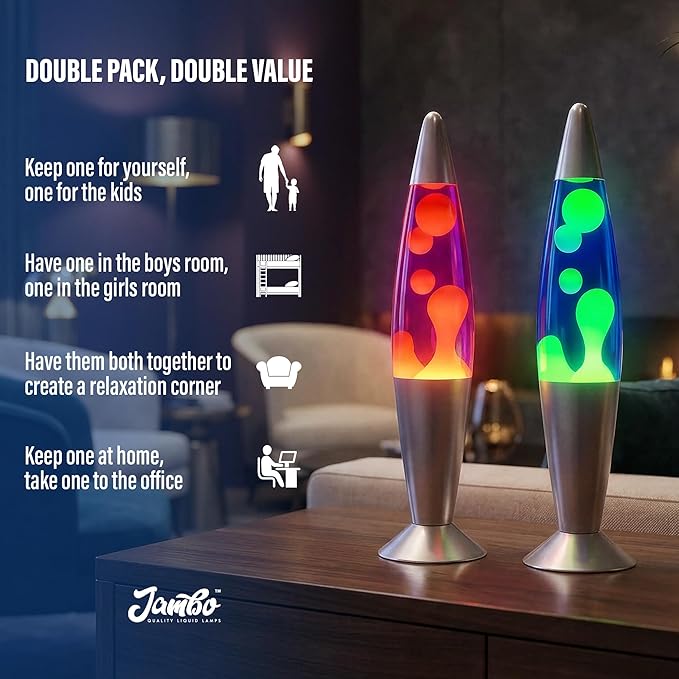 JAMBO 2 Pack- 16" Beautiful Lamp- Blue with Yellow/Green Wax and Purple with Yellow Wax, Relaxing Liquid Lamp, Night Light Nightlight, Lamps for Adults Teens Kid