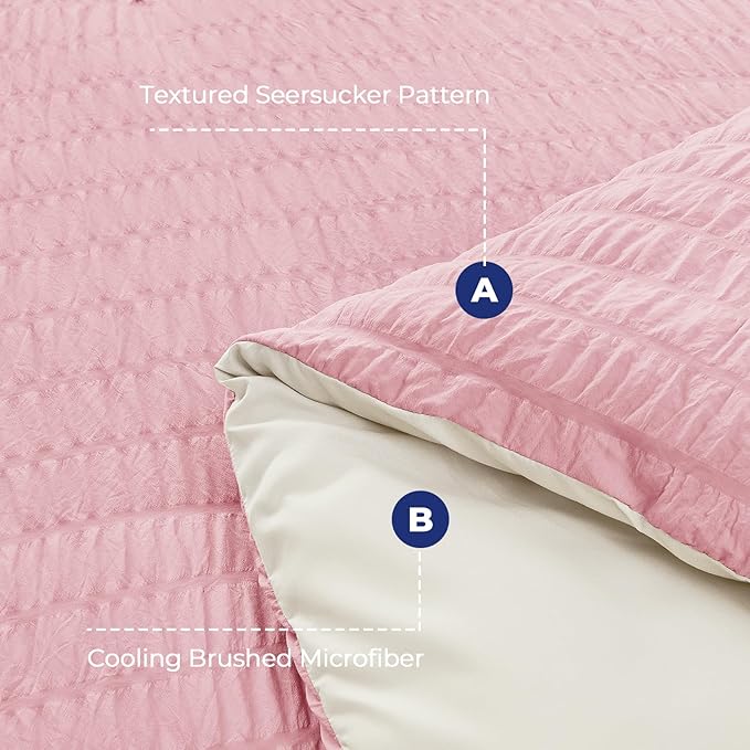 HYMOKEGE Pink/Ivory California King Comforter Set Seersucker 7 Pieces, All Season Luxury Bed in a Bag for Bedroom, Bedding Set with Comforter, Sheets, Pillowcases & Shams