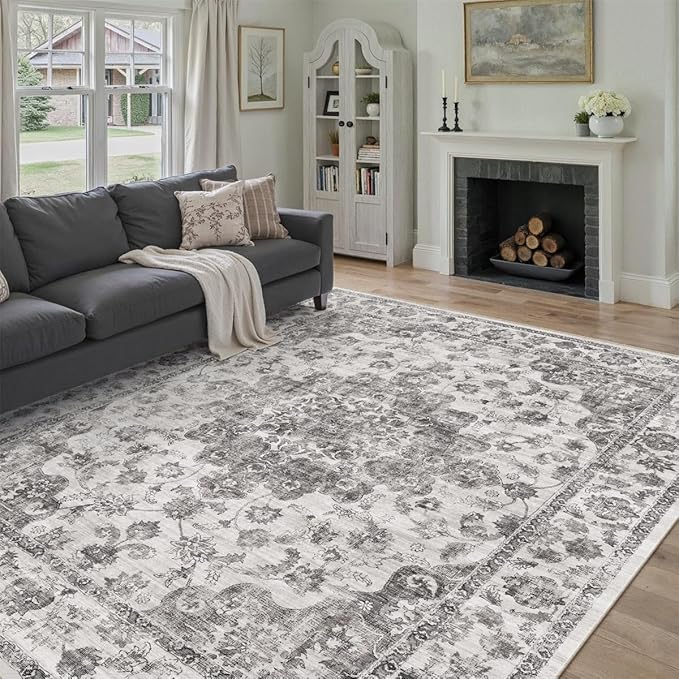 9x12 Neutral Area Rug Black Vintage Living Room Bedroom Washable Carpet Non-Slip Soft Low Pile Floral Indoor Large Throw Rug for Dining Room Office