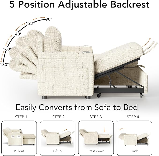 Sunny Heart L-Shaped Sleeper Sofa with Pull Out Bed, 82" Sectional Couch with Reclining Backrest, Reversible Storage Chaise, Armrest Storage, Cup Holders, Side Pockets, Tool-Free Assembly, Beige