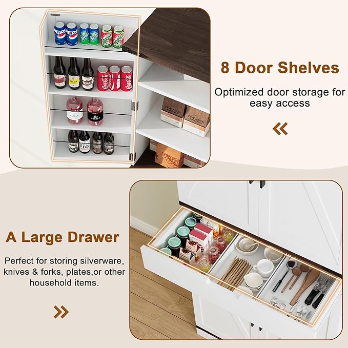 72" Tall Storage Cabinet, Kitchen Pantry Cabinet with Adjustable Shelves & Sturdy Steel Frame, Farmhouse Pantry Storage with 4 Barn Doors for Kitchen, Dining Room, and Living Room, White