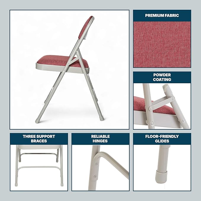 OEF Furnishings OEF2300 Series Heavy-Duty Premium Fabric Padded Upholstery Double-Hinged Triple-Braced Folding Chairs (4-Pack, Crimson Red/Gray)