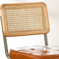 Natural Rattan Bar Stools Set of 2 with Solid Wood Back, 24 Inch Mid Century Modern Counter Height Stools, Brown Faux Leather Upholstery Boho Stool for Kitchen Counter with Chrome Metal Legs