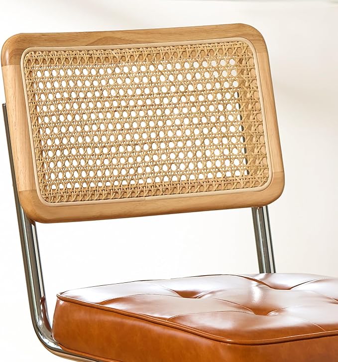 Natural Rattan Bar Stools Set of 3 with Solid Wood Back, 24 Inch Mid Century Modern Counter Height Stools, Brown Faux Leather Upholstery Boho Stool for Kitchen Counter with Chrome Metal Legs