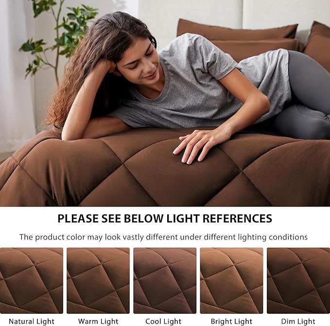 Love's cabin Queen Comforter Set Brown, 7 Pieces Queen Bed in a Bag, All Season Bedding Sets with 1 Comforter, 1 Flat Sheet, 1 Fitted Sheet, 2 Pillowcase and 2 Pillow Sham