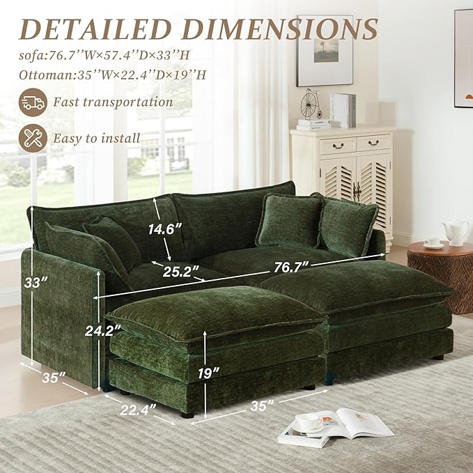SoarFlash Chenille Sectional Sofa, Comfy Modular Coush Sofa with Ottoman, Modern 2 Seat Recliner Deep Seat Sofa Set for Living Room,Green