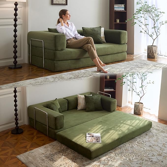 78.8" Convertible Sofa Bed - Compression Sofa with Corduroy Fabric - with Armrests and Backrest - Modular Sectional for Living Room, Bedroom, Studio - Compression Sofa in Box (Green)
