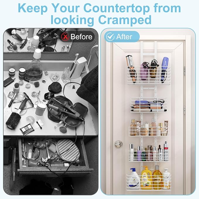 5-Tier Over The Door Organizer Bathroom Shelves Hair Tool Organizer - Hair Dryer Holder Adjustable Height, DIY Bathroom Storage Shelf Wall Mounted Behind The Door Storage