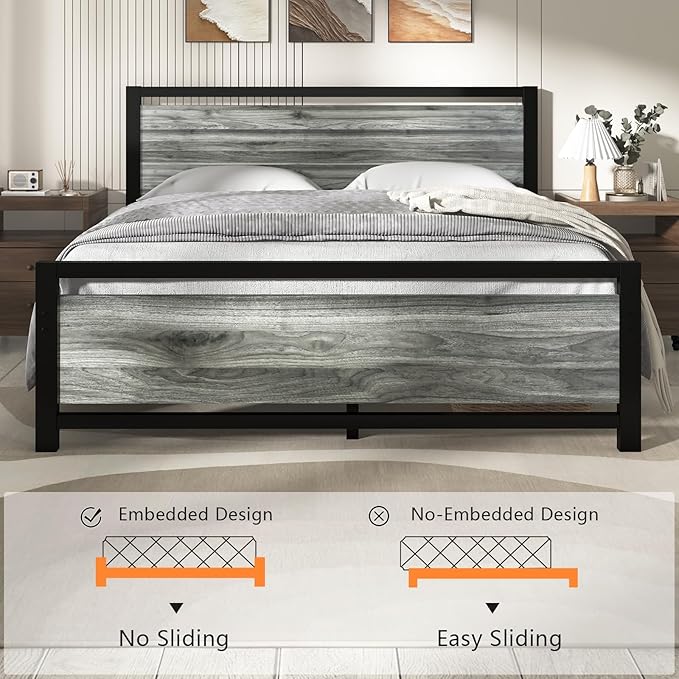 Queen Bed Frame with Headboard, Industrial Style Bed Frame Queen Size, Queen Size Bed Frame with Wooden Footboard, No Box Spring Needed, Noise-Free, Easy Assembly, Wash Grey