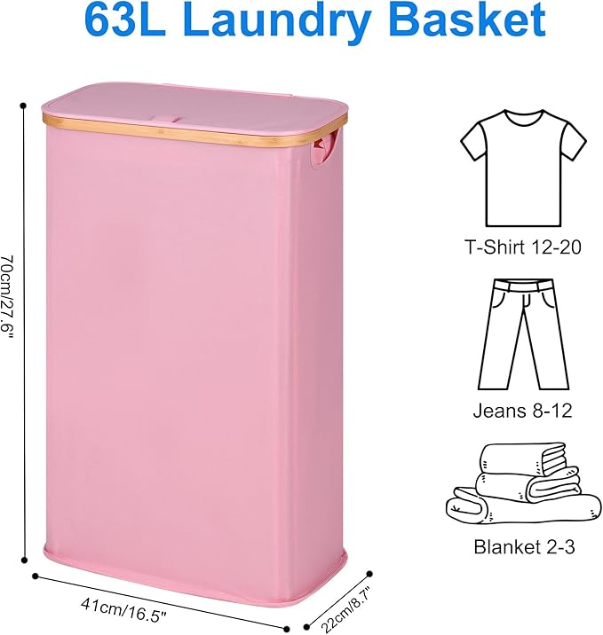 efluky Slim Laundry Basket with Lid, Narrow Laundry Hamper with Removable Bag, Skinny Dirty Clothes Basket with Bamboo Handles for Bathroom, Bedroom & Laundry Room, 63L Pink