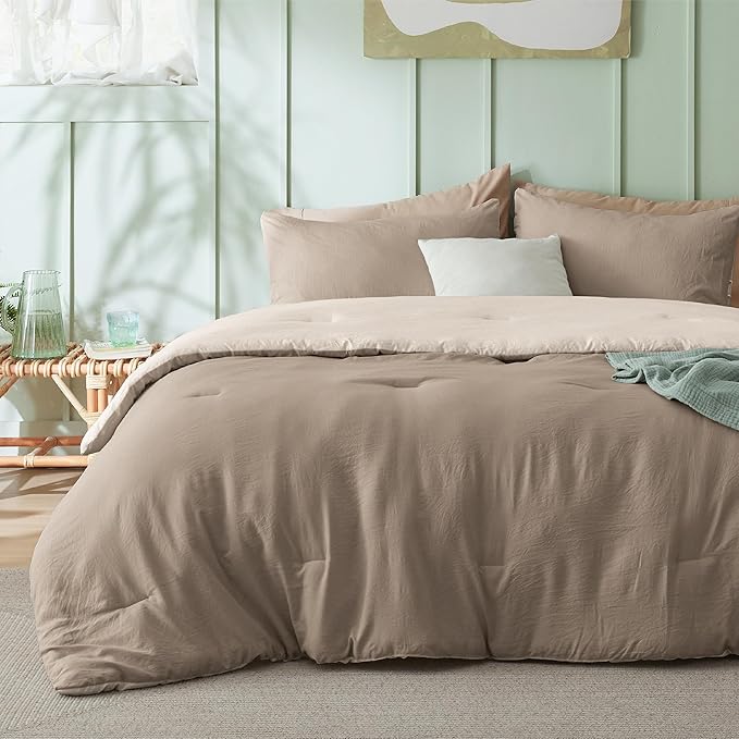 Bedsure Twin/Twin XL Comforter Set, Reversible Khaki Soft Prewashed Bedding for All Seasons, 2 Pieces Warm Down Alternative Bed Set, 1 Lightweight Comforter (68"x88") and 1 Pillowcase