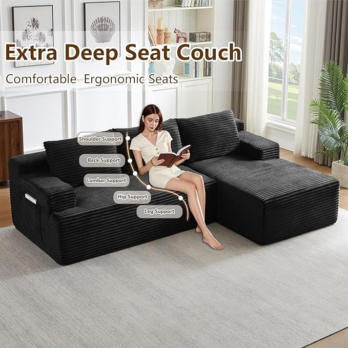 96" Modular Sectional Sofa Couches L-Shape Couch 3 Seat Modular Sofa Corduroy Memory Foam Sectional Boneless Couches for Living Room, Cloud Couch with Oversized Chaise(Dark Black, Right Facing)