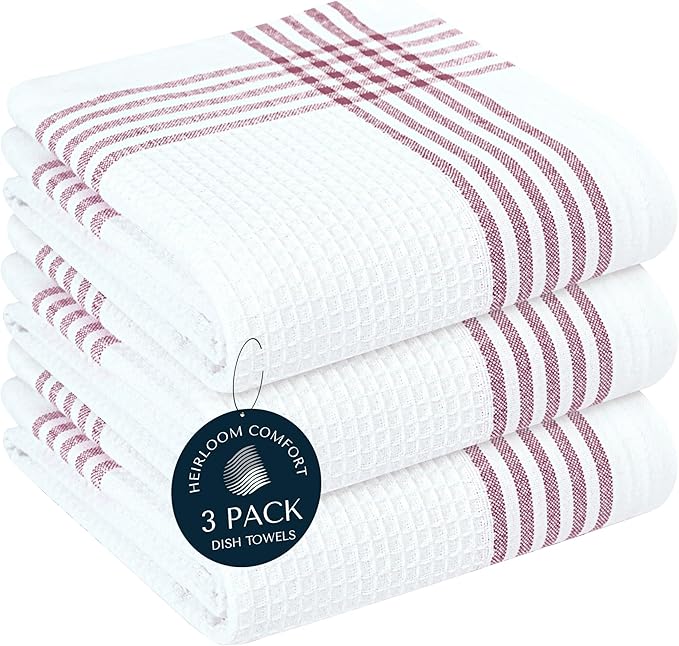 Burgundy and White Waffle Kitchen Towels 3 Pack, 100% Cotton, 16x26 Inch, Absorbent, Quick Dry, Durable Dishcloths for Wiping, Cleaning, Machine Washable, Kitchen, and Cooking Use