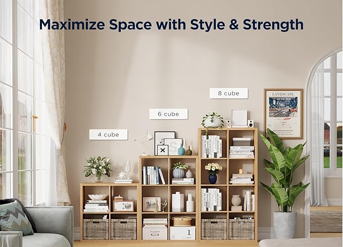 7 Cube Storage Organizer, Cube Shelf with Heavy-Duty Thick Boards, 25.12" L x 9.37" W x 48.74" H, Smooth Easy-Clean Panels, Simple Assembly, for Living Room Bedroom Office, Natural-Oak