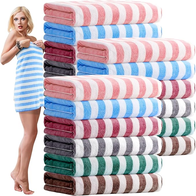 18 Pack Microfiber Bath Towels Bulk 27'' x 60'' Oversized Size Bath Towel Highly Absorbent Extra Large Soft Drying for Shower Beach Winter Salon Sport Gym Party (Stripes,Neutral)