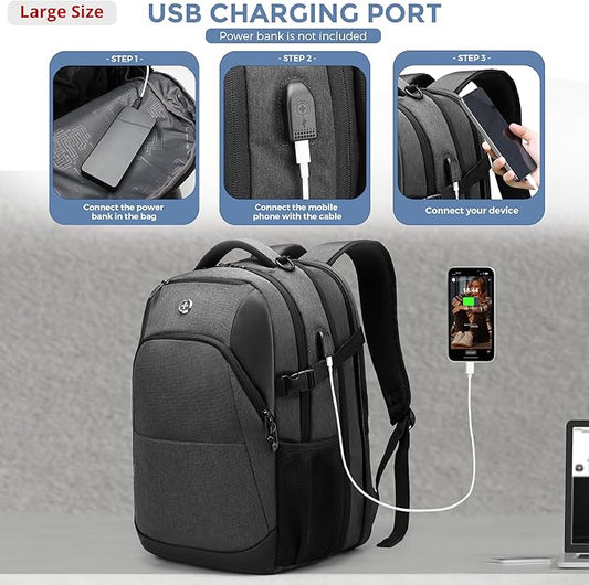 Swissdigital Design Travel Laptop Backpack for Men and Women, 35L Expandable Large College Backpack with USB Charging Port for Fits 17 Inch Notebook, Grey | SD1671-02