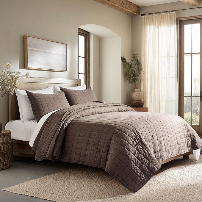 EVERGRACEHOME 100% Cotton Box Stitch Quilt Bedding Set King Size 3 Pieces, Garment-Washed Lightweight Soft Cozy Coverlet, Oversized Quilted Bedspread Sets with 2 Shams for All Season, Cocoa Brown