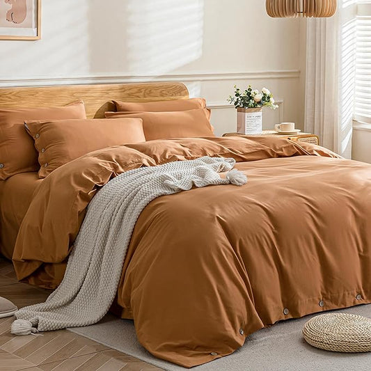 JELLYMONI Cotton Duvet Cover King Size - Burnt Orange Comforter Cover with Button 100% Washed Cotton 3PCS Breathable Soft Solid Bedding Set Duvet Cover 104×90in & 2 Pillowcases (NO Comforter)