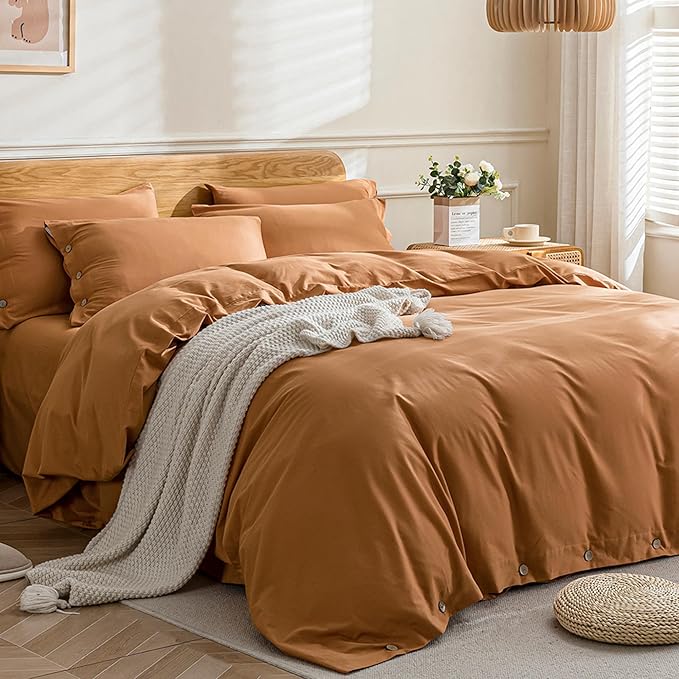 JELLYMONI Cotton Duvet Cover Queen Size - Burnt Orange Comforter Cover with Button 100% Washed Cotton 3PCS Breathable Soft Solid Bedding Set Duvet Cover 90×90in & 2 Pillowcases (NO Comforter)