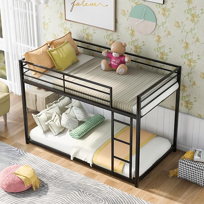 Twin Over Twin Bunk Bed, Low Bunk Bed with Ladder, Metal Bunk Bed with Guardrails, Heavy Duty Metal Bunk Bed Frame for Kids, Boys, Girls, Teens, Noisy Free, No Box Spring Needed， Black