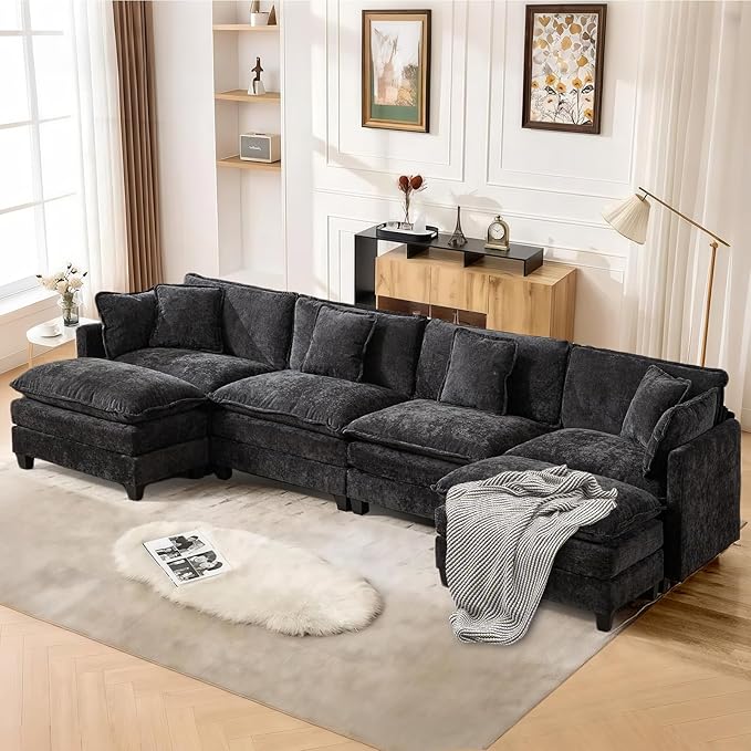 SoarFlash 149.61" Chenille Sectional Sofa, Comfy U Shaped Modular Coush Sofa with Ottoman, Modern 4 Seat Couch Deep Seat Sofa Set for Living Room,Black