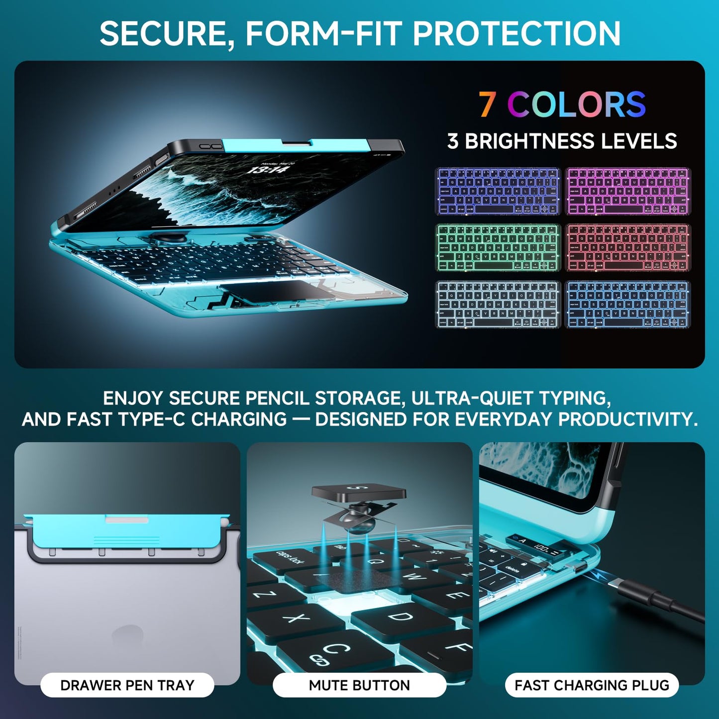 Transparent Keyboard Case for iPad 11” (10th & 11th Gen) – 360° Rotating, Backlit, Trackpad