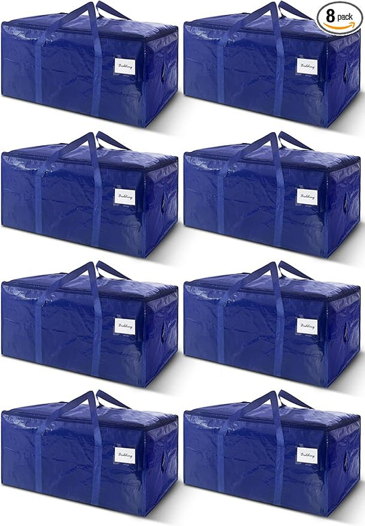 8 Pack Extra Heavy Duty Large Moving Bags with Strong Zipper & Carrying Handles, Sturdy Clothes Storage Bag Totes Bins, Packing Bags Moving Boxes College Moving Supplies, Dark Blue - 33 gal