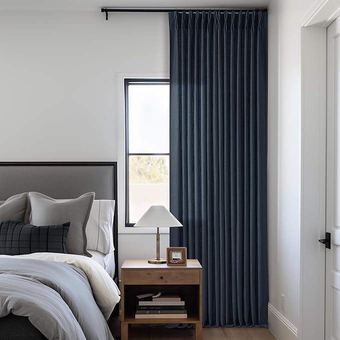Extra Long Navy Linen Curtains 120 Inches Long Dark Blue Indigo Farmhouse Modern Curtain Light Filtering Semi Sheer Back Tab Pinch Pleat Curtain for Tall Ceiling Living Room Bedroom 2 Panels
