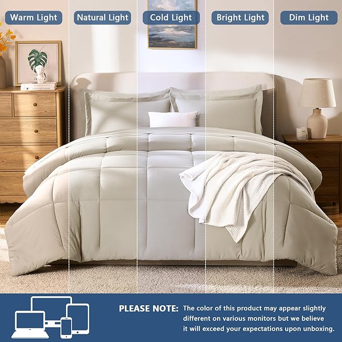 CozyLux Queen Comforter Set Oatmeal - 7 Pieces Bed in a Bag Queen, All Season Breathable Bedding Sets, Oeko-Tex Certified Bed Set with Down Alternative Comforter, Sheets, Pillowcases & Pillow Shams