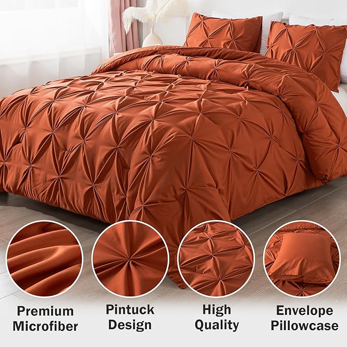 Andency California King Comforter Set Burnt Orange, Pinch Pleat Cal King Comforter Set 3 Pieces, Lightweight Soft Oversized King Microfiber Down Alternative Bedding Set