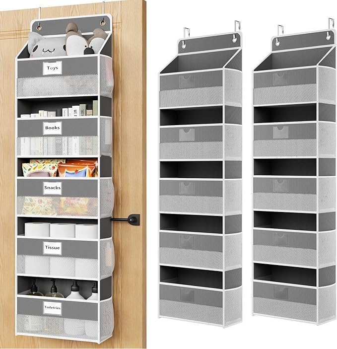 Over The Door Organizer Hanging, 2 Pack 5 Shelf Behind The Doors Storage, Pantry Door Organizer, Closet Organizers for Bedroom and Nursery (Dark Grey)
