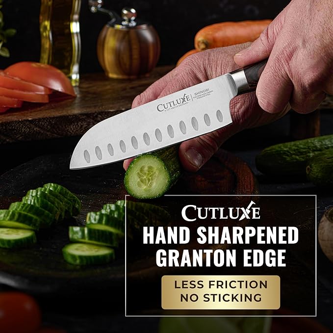 Santoku Knife – Ultra Sharp 5 Inch Meat and Vegetable Japanese Knife for Chopping, High Carbon Stainless Steel Blade, Full Tang Pakkawood Handle – Shinobi Series