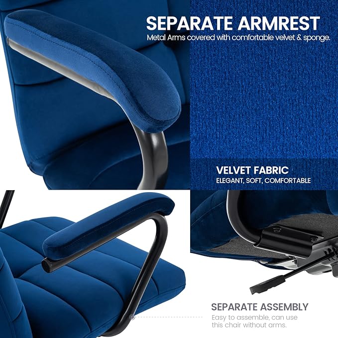 Velvet Home Office Desk Chair, Upholstered Adjustable Swivel Task Chair with Wheels, Tufted Mid-Back Computer Chair with Arms, for Study Living Room Vanity (Blue, Black Base)