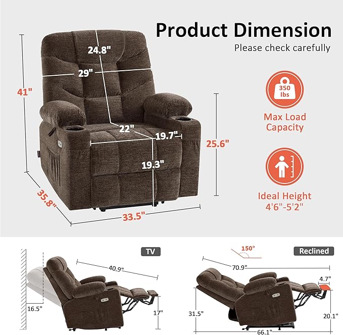 MCombo Power Lift Recliner Chair with Extended Footrest for Elderly People, Fabric 7281 (Brown, Small)