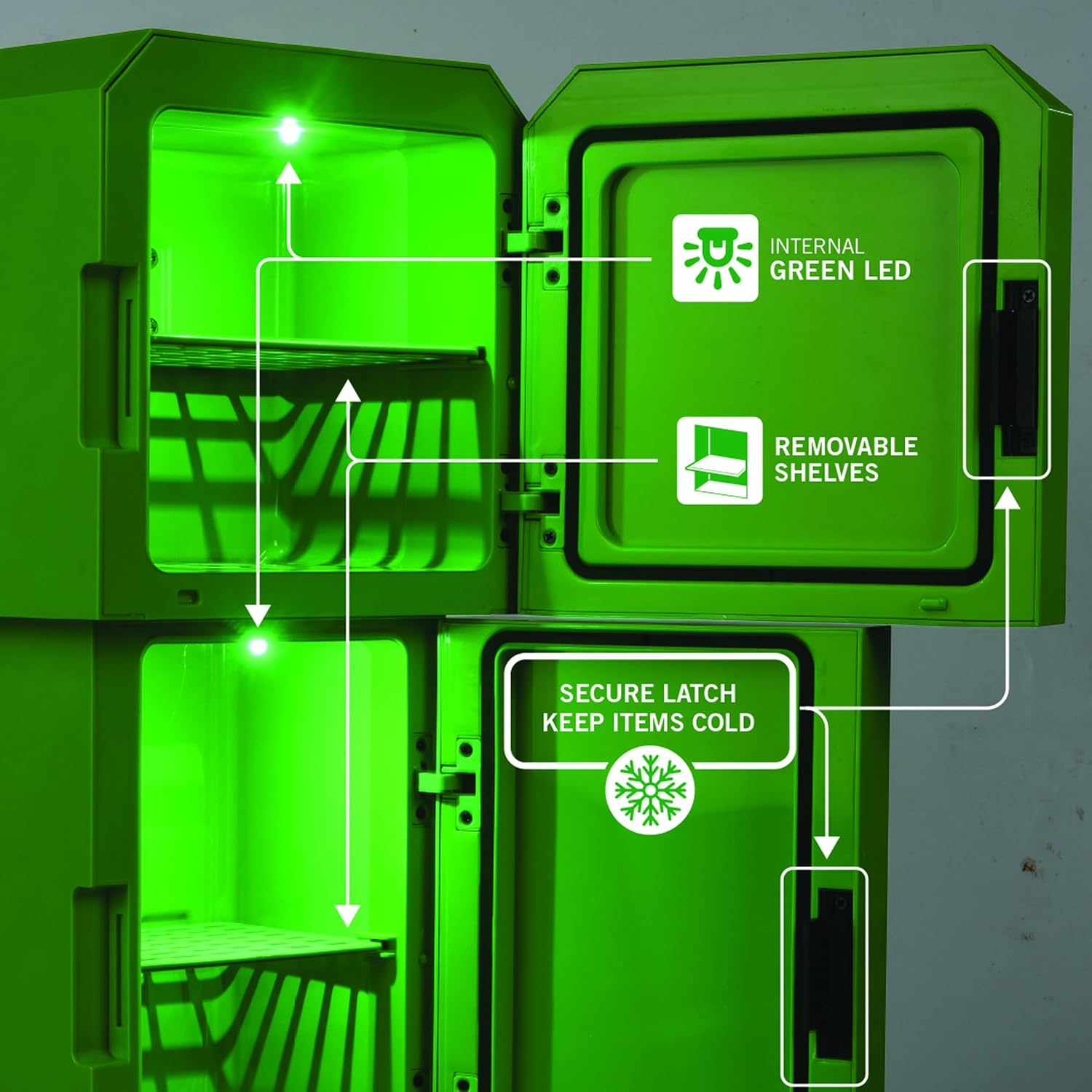 Ukonic Minecraft Legends Creeper Mini Fridge 8L – Holds 12 Cans, LED Lights, AC/DC Thermoelectric Cooler, Removable Shelves, Compact for Dorm, Office, Gaming Dormly