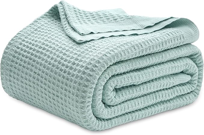 Bedsure Gentlesoft 100% Cotton Blanket Queen Size for Bed - Breathable and Soft, Thick Cozy Waffle Weave Christmas Blanket Gift for Women, Mint, 90x90 Inches