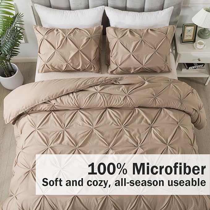 Andency Taupe Comforter Set King, 3 Pieces Stylish Pinch Pleat Bedding Comforters & Sets, Lightweight Soft Boho Bed Set for Adults (104x90Inch)