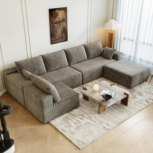 139.4" Modular Sectional Sofa, U-Shaped Minimalist Couches with Ottoman and Middle Seat, Modern Deep Seat Convertible Sleeper Sofa Bed, Reversible Chaise, Cloud Plush Corduroy Fabric,6 Seater, Camel