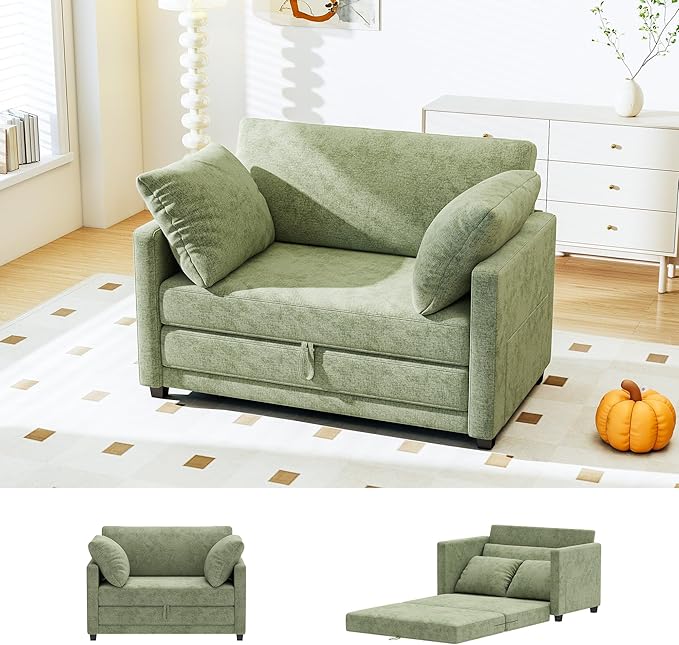 51" Convertible Loveseat Sofa Bed, 2-in-1 Folding Sofa Bed with 2 Pillow for Small Spaces, Modern Loveseat Compact Sleeper Couch for Apartment, Living Room & Guest Room (Light Green)