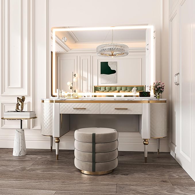 Hasipu Vanity Mirror with Lights, 55.1" x 36" LED Makeup Mirror, Lighted Makeup Mirror with Dimmable 3 Modes, Touch Screen Control Vanity Mirror Round White