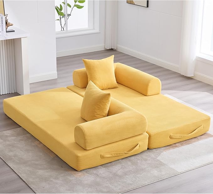 Convertible Sleeper Sofa Bed, Folding Floor Sofa Bed with Fixed-Shape Frame, Corduroy Floor Sleeper Sofa with Storage Pocket, Futon Boneless Sofa Couch for Living Room, Yellow