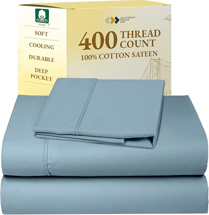 California Design Den Twin XL Sheet Sets - Soft 400 Thread Count Sateen, Natural 100% Cotton Sheets Set with Deep Pockets, and Durable Bedding - Sky Blue CaliforniaDesignDen