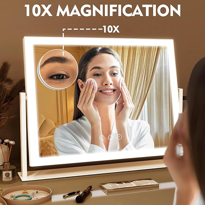 ROLOVE Lighted Makeup Mirror 16.3"x12.6", Hollywood Vanity Mirror with 10X Magnifier, 3 Color LED Lighting Modes, Smart Touch Control & 360° Rotation, Tabletop Makeup Mirror (White, Gift Ready)
