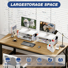OPNICE Desk Organizers and Accessories, 2-Tier Computer Monitor Stand Riser with Drawer and 2 Pen Holders, Laptop Stand, Office Desk Accessories for Office Supplies, White