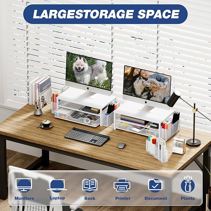 OPNICE Desk Organizers and Accessories, 2-Tier Computer Monitor Stand Riser with Drawer and 2 Pen Holders, Laptop Stand, Office Desk Accessories for Office Supplies, White