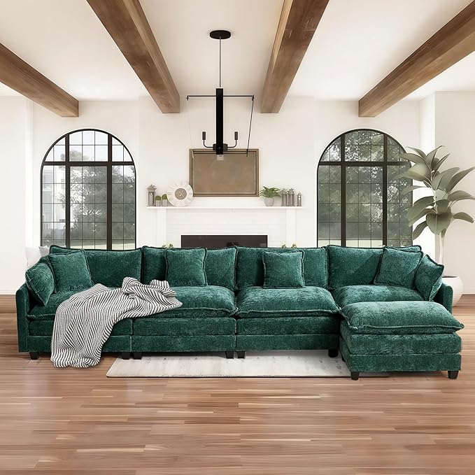 SoarFlash 149.61" Chenille Sectional Sofa, Comfy L Shaped Modular Coush Sofa with Ottoman, Modern 4 Seat Couch Deep Seat Sofa Set for Living Room,Green